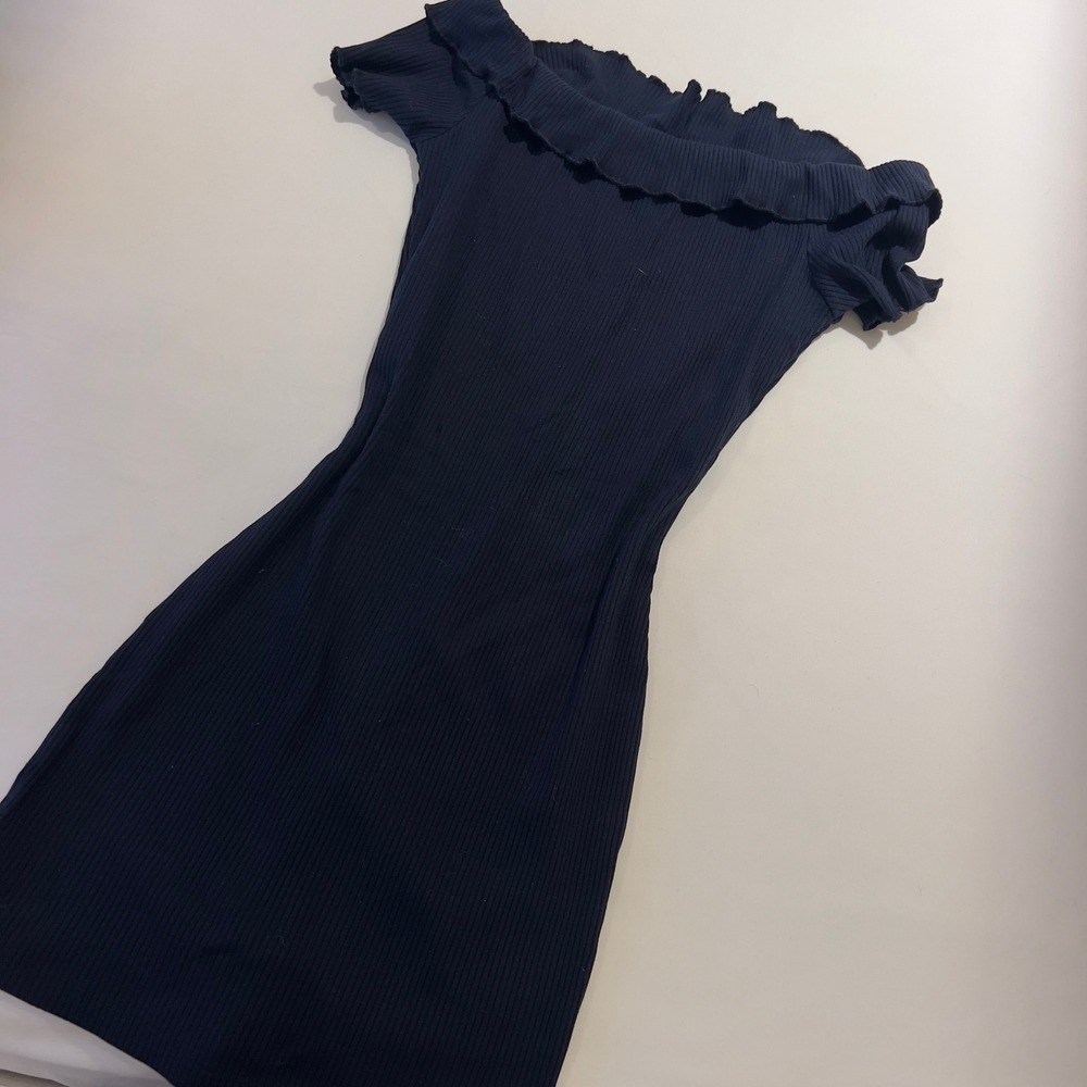 By The Way Navy Blue Ribbed Off The Shoulder Ruffle Mini Dress XS